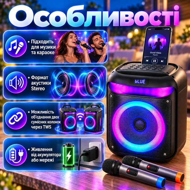 Портативная караоке-колонка с 2 микрофонами, Bluetooth, RGB LED, TWS, 25 Вт, 8" - изображение 3