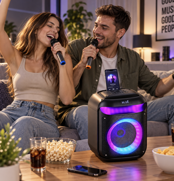 Портативная караоке-колонка с 2 микрофонами, Bluetooth, RGB LED, TWS, 25 Вт, 8" - изображение 6
