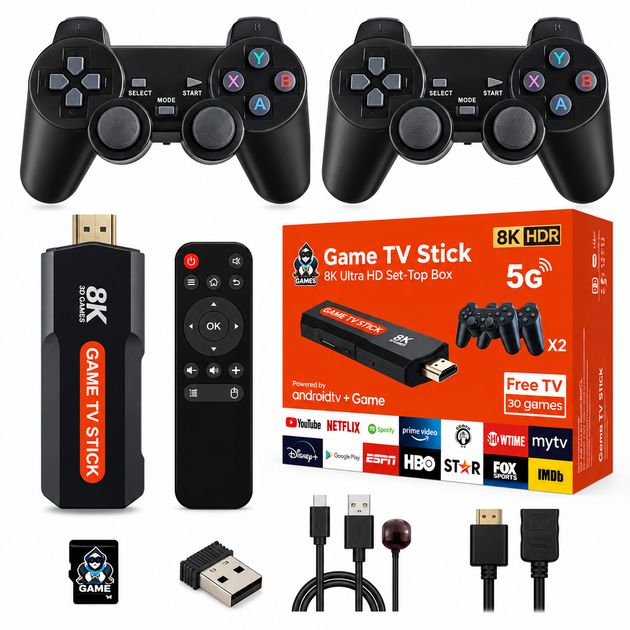 Ігрова приставка Game TV Stick Q9 Max 8K для телевізора, 2 бездротові геймпади, Wi-Fi 6, 5G - Фото 1 Ігрова приставка Game TV Stick Q9 Max 8K для телевізора, 2 бездротові геймпади, Wi-Fi 6, 5G - зображення 1