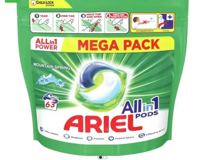 Капсули для прання ARIEL Pods Все-в-1 Гірська свіжість 63 шт, концентровані гелеві капсули для видалення плям - Фото 6 Капсули для прання ARIEL Pods Все-в-1 Гірська свіжість 63 шт, концентровані гелеві капсули для видалення плям - зображення 6