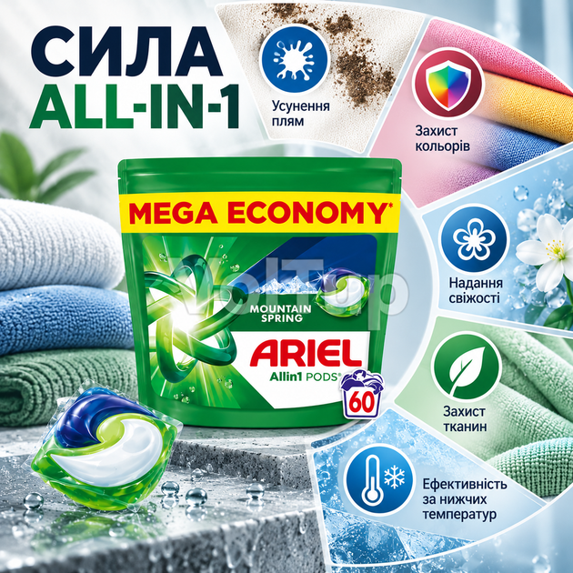 Капсули для прання ARIEL Pods All-in-1 Гірське Джерело 60 шт, гелеві капсули для видалення плям у холодній воді - Фото 4 Капсули для прання ARIEL Pods All-in-1 Гірське Джерело 60 шт, гелеві капсули для видалення плям у холодній воді - зображення 4