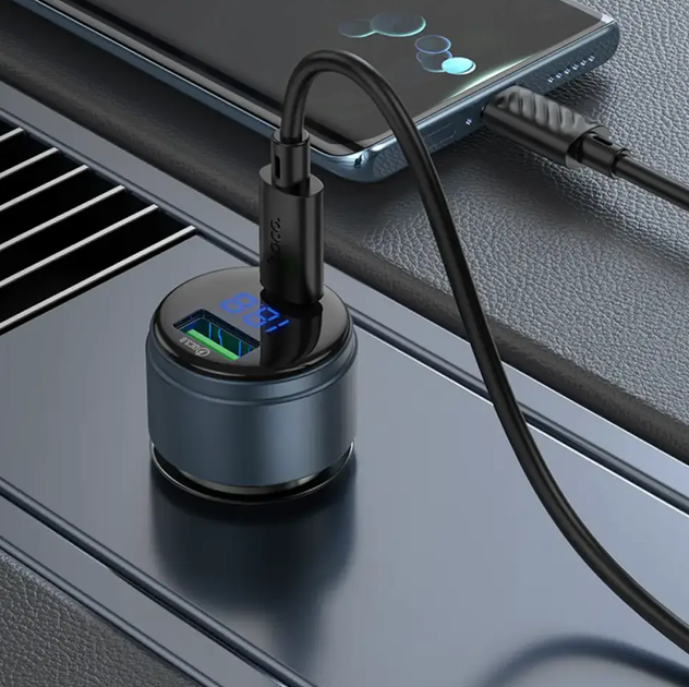 Автомобільний зарядний пристрій HOCO Z57B USB-A + USB-C PD 45W QC3.0 63W з LED-дисплеєм, графітовий - Фото 6 Автомобільний зарядний пристрій HOCO Z57B USB-A + USB-C PD 45W QC3.0 63W з LED-дисплеєм, графітовий - зображення 6