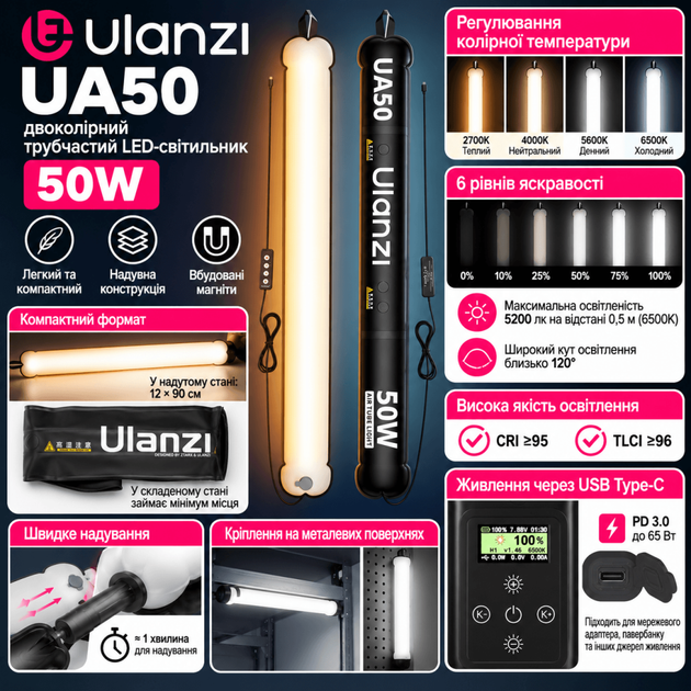 Відеосвітло Ulanzi Ulanzi UA50 50W (двоколірний трубчастий LED-світильник) (з адаптером для європейської розетки) - изображение 2