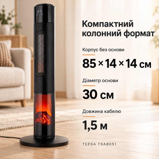 Керамический колонный тепловентилятор TEESA TSA8051 2000 Вт, эффект камина, дисплей, пульт ДУ - Фото 3 Керамический колонный тепловентилятор TEESA TSA8051 2000 Вт, эффект камина, дисплей, пульт ДУ - изображение 3