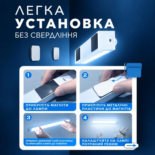 Лампа ЛЕД ночник с датчиком движения на аккумуляторе светильник LED лампа на магните 50 см бело-холодный свет. Есть возможность зарядки от павербанка - изображение 2