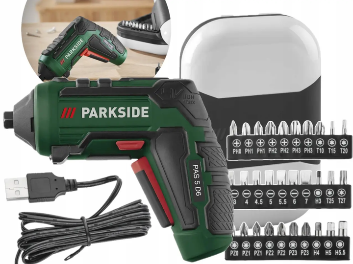 Аккумуляторная отвертка Parkside PAS 5 D5 шуруповерт 4 В с набором насадок - изображение 3