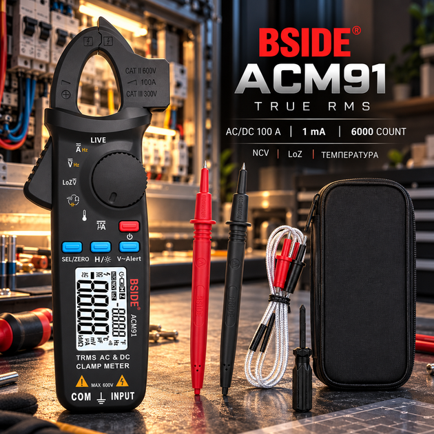 Токовые клещи-мультиметр BSIDE ACM91 True RMS, AC/DC 100 А, 1 мА, 6000 отсчетов, NCV, LoZ, температура - Фото 1 Токовые клещи-мультиметр BSIDE ACM91 True RMS, AC/DC 100 А, 1 мА, 6000 отсчетов, NCV, LoZ, температура - изображение 1