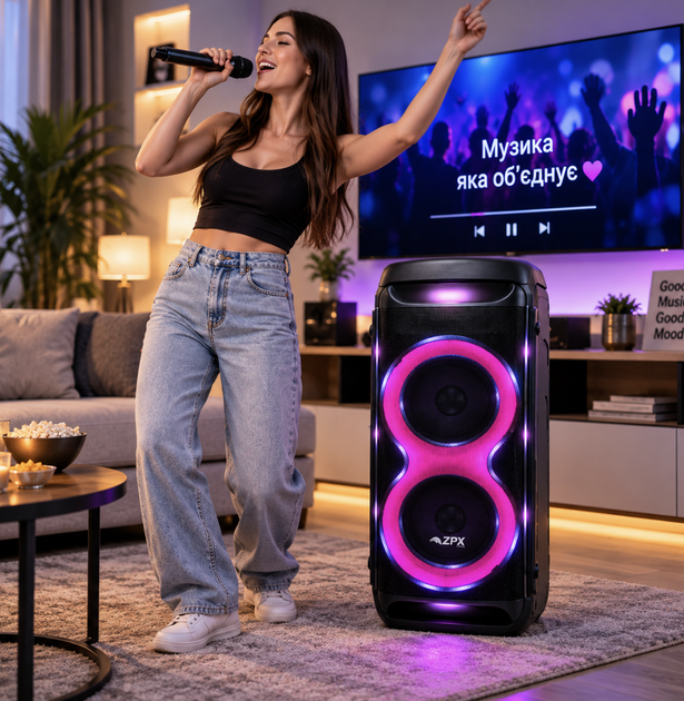 Портативная акустическая система ZPX ZX-7792 250 Вт, 2×10", Bluetooth, TWS, RGB LED, UHF-микрофон - изображение 2