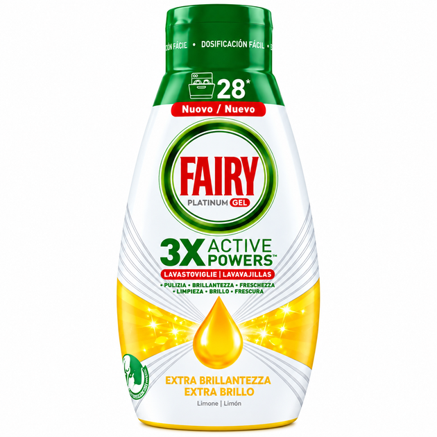Гель для посудомийної машини Fairy Platinum 3X Active Powers Extra Brillantezza, 504 мл — 28 циклів - Фото 1 Гель для посудомийної машини Fairy Platinum 3X Active Powers Extra Brillantezza, 504 мл — 28 циклів - зображення 1