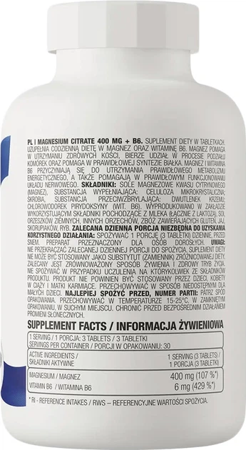 Магний + витамин B6 OstroVit Magnesium Citrate 400 mg + B6 90 таблеток (5903246229516) - изображение 2