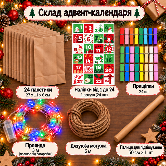 Адвент Календарь Рождественский на 24 дня. Пакеты бумажные, наклейки, прищепки + гирлянда.-76731 - Фото 1 Адвент Календарь Рождественский на 24 дня. Пакеты бумажные, наклейки, прищепки + гирлянда.-76731 - изображение 1