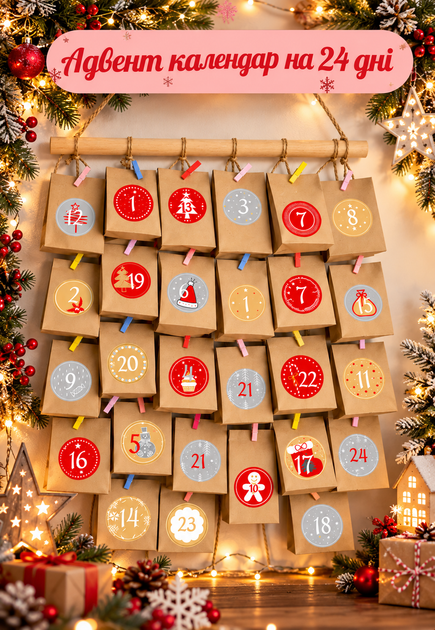 Адвент Календар Різдв'яний на 24 дні. Пакети паперові, наліпки, прищіпки + гірлянда.-- 76728 - Фото 2 Адвент Календар Різдв'яний на 24 дні. Пакети паперові, наліпки, прищіпки + гірлянда.-- 76728 - зображення 2