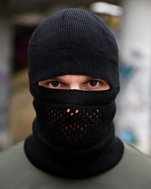 В'язана балаклава військова Чорна шапка-підшоломник, маска для обличчя та голови зимово-осіння - зображення 2