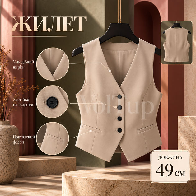 Брючний костюм-трійка жіночий бежевий 48–50 з тканини костюмка люкс, класичний подовжений жакет - зображення 3