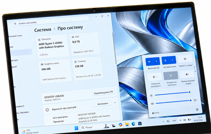 Ноутбук Dell Inspiron 7405 2-in-1 Ryzen 5 4500U 8GB DDR4 NVMe 256GB 14" Full HD Touch Сірий Б/У - зображення 4