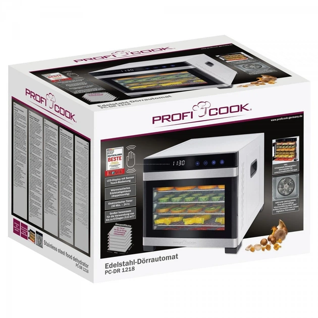 Дегидратор-сушилка ProfiCook PC-DR 1218 для фруктов, овощей, грибов, трав, мяса и рыбы, 6 уровней, 35–75 °C, до 650 Вт - изображение 11