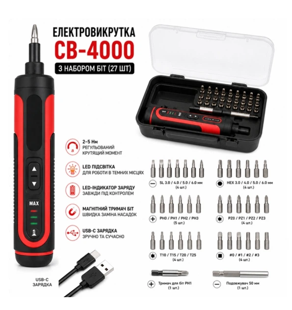 Електровикрутка акумуляторна CB-4000 з набором біт 27 шт з регульованим крутним моментом LED-підсвіткою та зарядкою USB-C - зображення 2