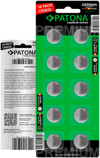 Батарейки PATONA Premium CR2032 3V 10 шт. (4055655253192) - Фото 1 Батарейки PATONA Premium CR2032 3V 10 шт. (4055655253192) - зображення 1