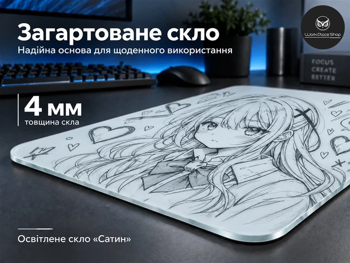 Скляний килимок для миші WorkPlaceShop AnimeGirl білий 400x400x5 мм (WPS-GL-AG-400x400) - изображение 4
