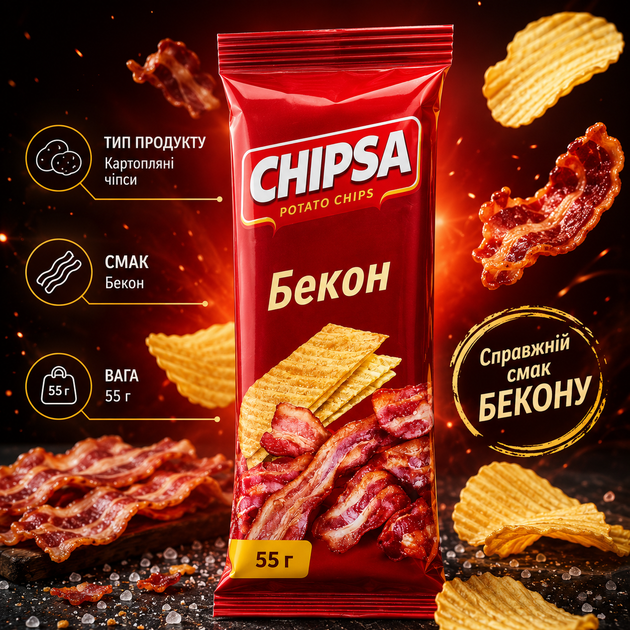 Картофельные чипсы со вкусом бекона пластинами 55 г - Фото 1 Картофельные чипсы со вкусом бекона пластинами 55 г - изображение 1
