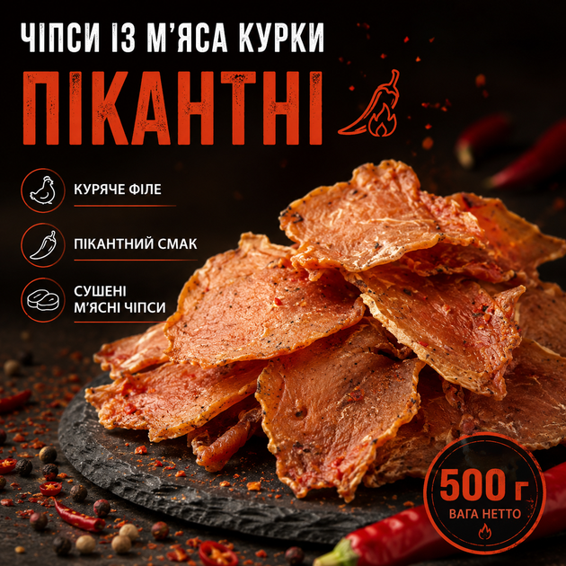 Курячі джерки пікантні із курячого філе до пива 500 г - Фото 1 Курячі джерки пікантні із курячого філе до пива 500 г - зображення 1