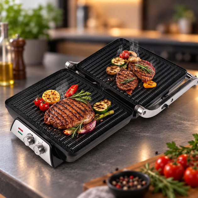 Электрогриль контактный Domotec R-2684 2000 Вт / Электрический гриль 180° с антипригарным покрытием - Фото 2 Электрогриль контактный Domotec R-2684 2000 Вт / Электрический гриль 180° с антипригарным покрытием - изображение 2