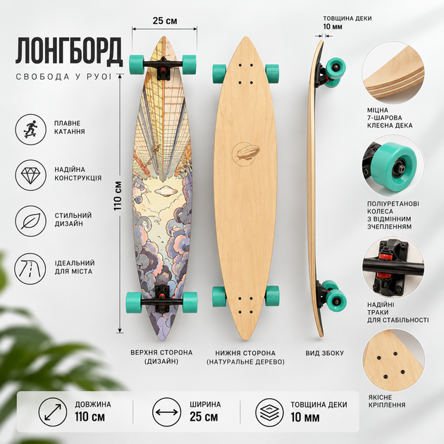 Лонгборд-крузер Cloudride Cruiser 78 для вуличного серфінгу 110×25 см — міський лонгборд для круїзингу - Фото 2 Лонгборд-крузер Cloudride Cruiser 78 для вуличного серфінгу 110×25 см — міський лонгборд для круїзингу - зображення 2