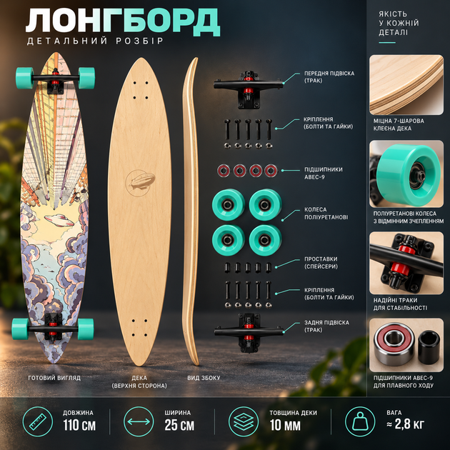 Лонгборд-крузер Cloudride Cruiser 78 для вуличного серфінгу 110×25 см — міський лонгборд для круїзингу - Фото 3 Лонгборд-крузер Cloudride Cruiser 78 для вуличного серфінгу 110×25 см — міський лонгборд для круїзингу - зображення 3