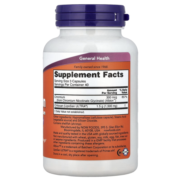 Хітозан з хромом NOW Foods Chitosan with Chromium 120 капсул, контроль ваги - зображення 2