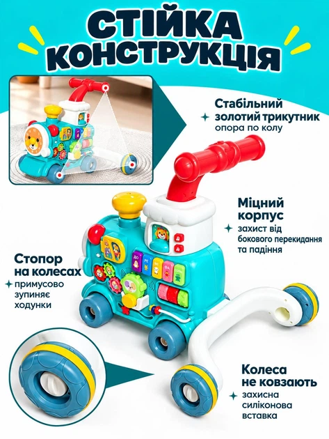 Дитячі ходунки-каталка 5-в-1 Baby Walker Train з парогенератором і піаніно - изображение 6