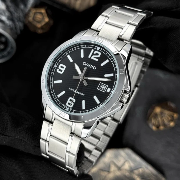 Чоловічий годинник Casio MTP-V004D-1B2 з датою, сріблястий металевий браслет, чорний циферблат - зображення 3