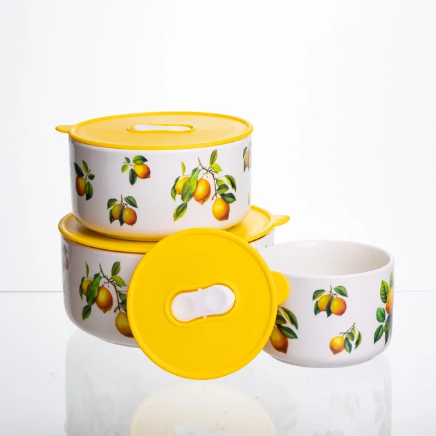 Набор фарфоровых контейнеров для еды Lemon с крышками 3 шт 9,5/13/15 см Yiwu - изображение 4