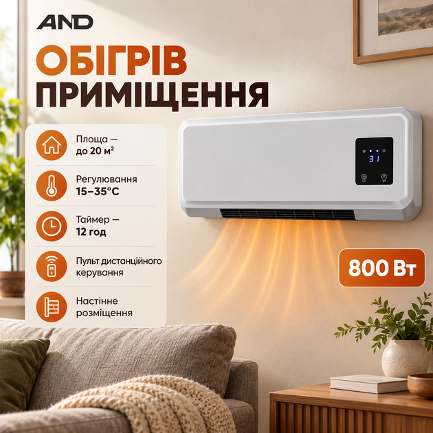 Настенный обогреватель 800 Вт Тепловентилятор керамический Кондиционер для обогрева и охлаждения до 20 м² Электрический обогреватель с пультом таймером 12 часов терморегулятором - Фото 3 Настенный обогреватель 800 Вт Тепловентилятор керамический Кондиционер для обогрева и охлаждения до 20 м² Электрический обогреватель с пультом таймером 12 часов терморегулятором - изображение 3