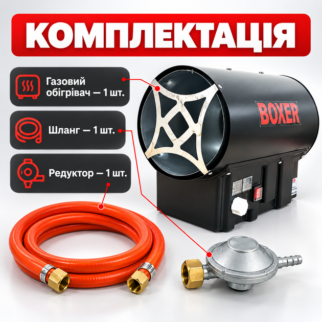 Газовая пушка BOXER 40 кВт газовая тепловая пушка прямого нагрева производительность 1000 м3 в час пьезоподжиг питание вентилятора 220 В для гаража склада и строительных работ - изображение 3
