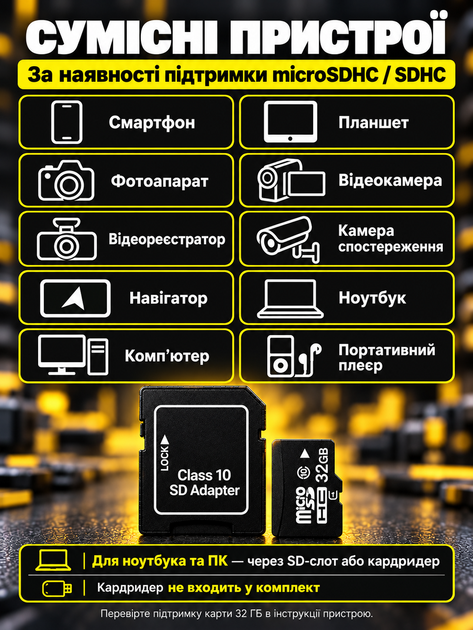 Карта пам'яті Micro SD 32 Gb з адаптером флеш карта мікро сд клас пам'яті 10 з перехідником для фотоапарата телефону навігатора комплектуючі для оргтехніки - Фото 3 Карта пам'яті Micro SD 32 Gb з адаптером флеш карта мікро сд клас пам'яті 10 з перехідником для фотоапарата телефону навігатора комплектуючі для оргтехніки - зображення 3