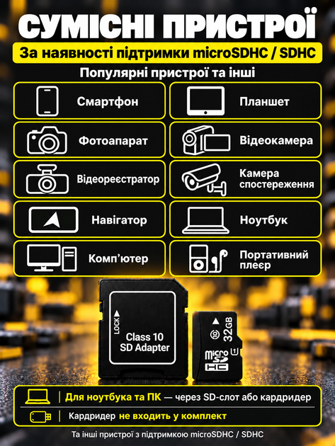 Карта пам'яті Micro SD 32 Gb з адаптером флеш карта мікро сд клас пам'яті 10 з перехідником для фотоапарата телефону навігатора комплектуючі для оргтехніки - Фото 7 Карта пам'яті Micro SD 32 Gb з адаптером флеш карта мікро сд клас пам'яті 10 з перехідником для фотоапарата телефону навігатора комплектуючі для оргтехніки - зображення 7