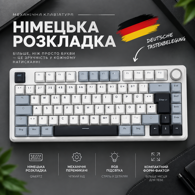 Механическая клавиатура EPOMAKER x AULA F75 ISO-DE 75% QWERTZ, Bluetooth/2.4G/USB-C, Hot Swap, RGB, Reaper Switch, Light Blue немецкий язик уценка - изображение 2