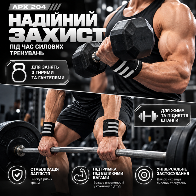 Бинты для фиксации запястья APX 204, серые, для силовых тренировок, пара (2 шт.) - изображение 6