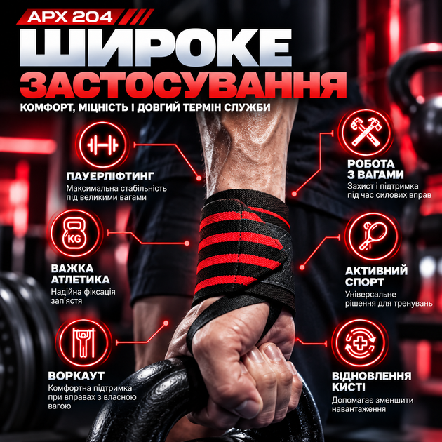 Бинти для фіксації зап'ястя APX 204, червоні, для силових тренувань, пара (2 шт.) - зображення 3