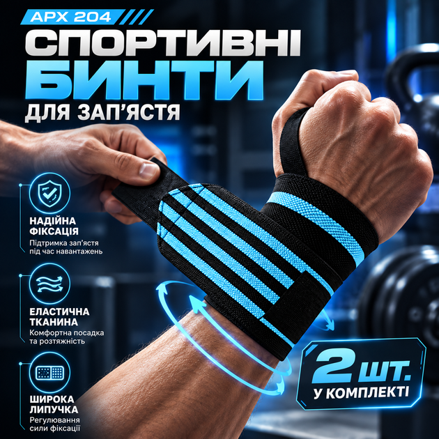 Бинты для фиксации запястья APX 204, голубые, для силовых тренировок, пара (2 шт.) - изображение 2