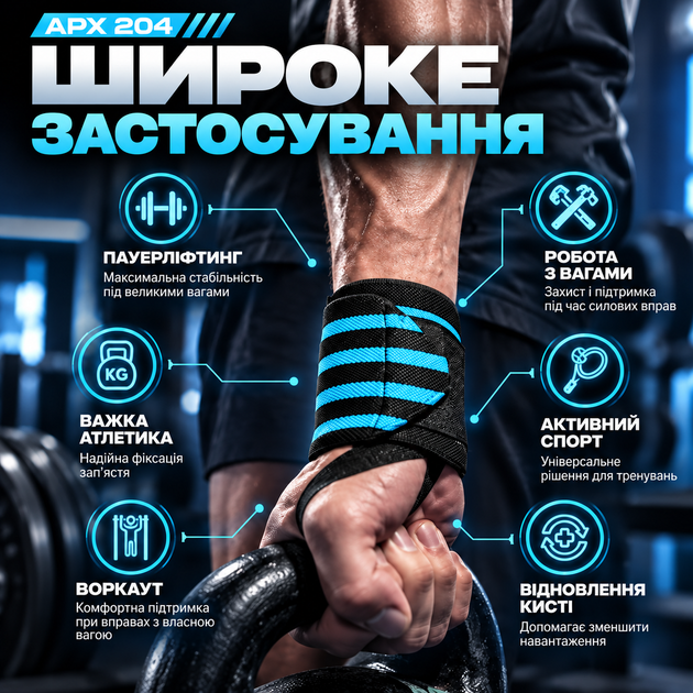 Бинты для фиксации запястья APX 204, голубые, для силовых тренировок, пара (2 шт.) - изображение 3