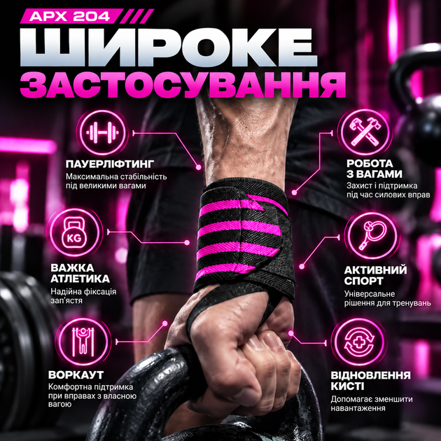 Бинти для фіксації зап'ястя APX 204, рожеві, для силових тренувань, пара (2 шт.) - зображення 3