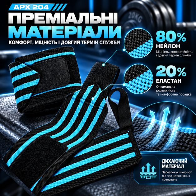 Бинты для фиксации запястья APX 204, голубые, для силовых тренировок, пара (2 шт.) - изображение 4