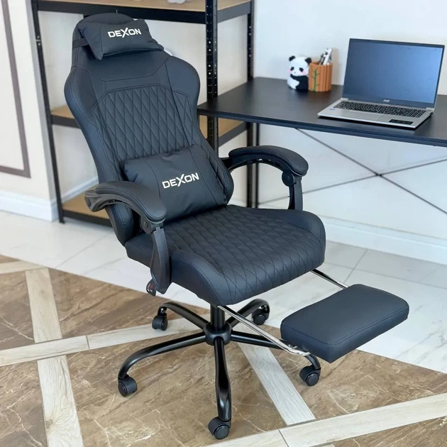 Геймерское кресло DEXON EVI RD-6072 с подставкой для ног, из экокожи, металлическая крестовина, Черный - Фото 5 Геймерское кресло DEXON EVI RD-6072 с подставкой для ног, из экокожи, металлическая крестовина, Черный - изображение 5