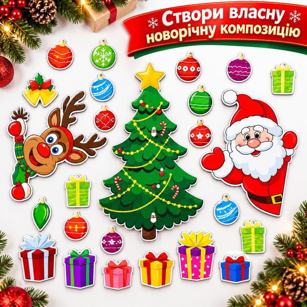 Набір новорічних магнітів на холодильник для святкового декору, ялинка, Санта, олень та прикраси - зображення 4