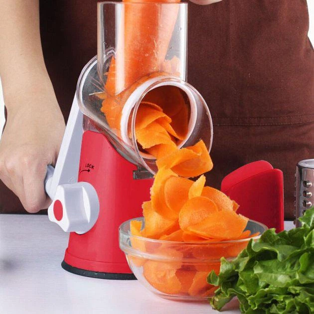 Овочерізка мультислайсер Tabletop Drum Grater Kitchen Master Тертка для овочів і фруктів 3 насадки Red - зображення 9