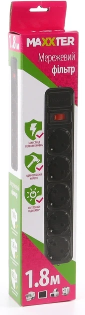 Мережевий фільтр Maxxter SPM5-G-6B 1.8 м 5 розеток Black - Фото 2 Мережевий фільтр Maxxter SPM5-G-6B 1.8 м 5 розеток Black - зображення 2
