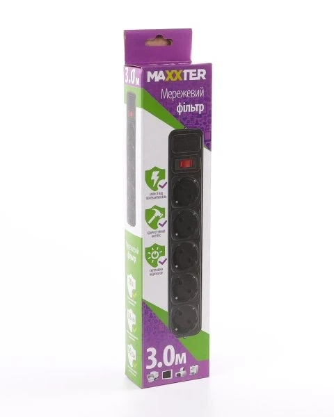 Сетевой фильтр Maxxter SPM5-G-10B черный, 3 м кабель, 5 розеток - изображение 2