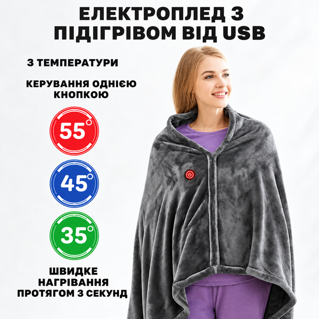 Плед-пончо с подогревом от USB 150×80 см, электроплед-накидка для плеч и тела, теплый плед для дома, офиса и отдыха - Фото 4 Плед-пончо с подогревом от USB 150×80 см, электроплед-накидка для плеч и тела, теплый плед для дома, офиса и отдыха - изображение 4