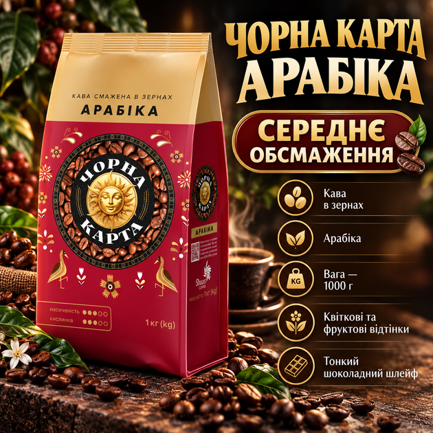 Зерновой кофе Черная Карта Арабика 1000 г средняя обжарка классический вкус кислинка шоколад фрукты цветочный аромат - Фото 1 Зерновой кофе Черная Карта Арабика 1000 г средняя обжарка классический вкус кислинка шоколад фрукты цветочный аромат - изображение 1